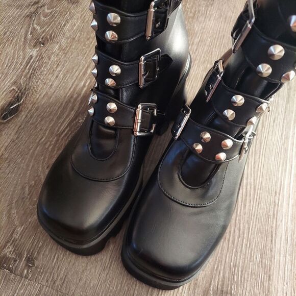Women's Goth Punk Boots Platform Combat Belt Buckle Studded Mid Calf Chunky Boot - Picture 4 of 9